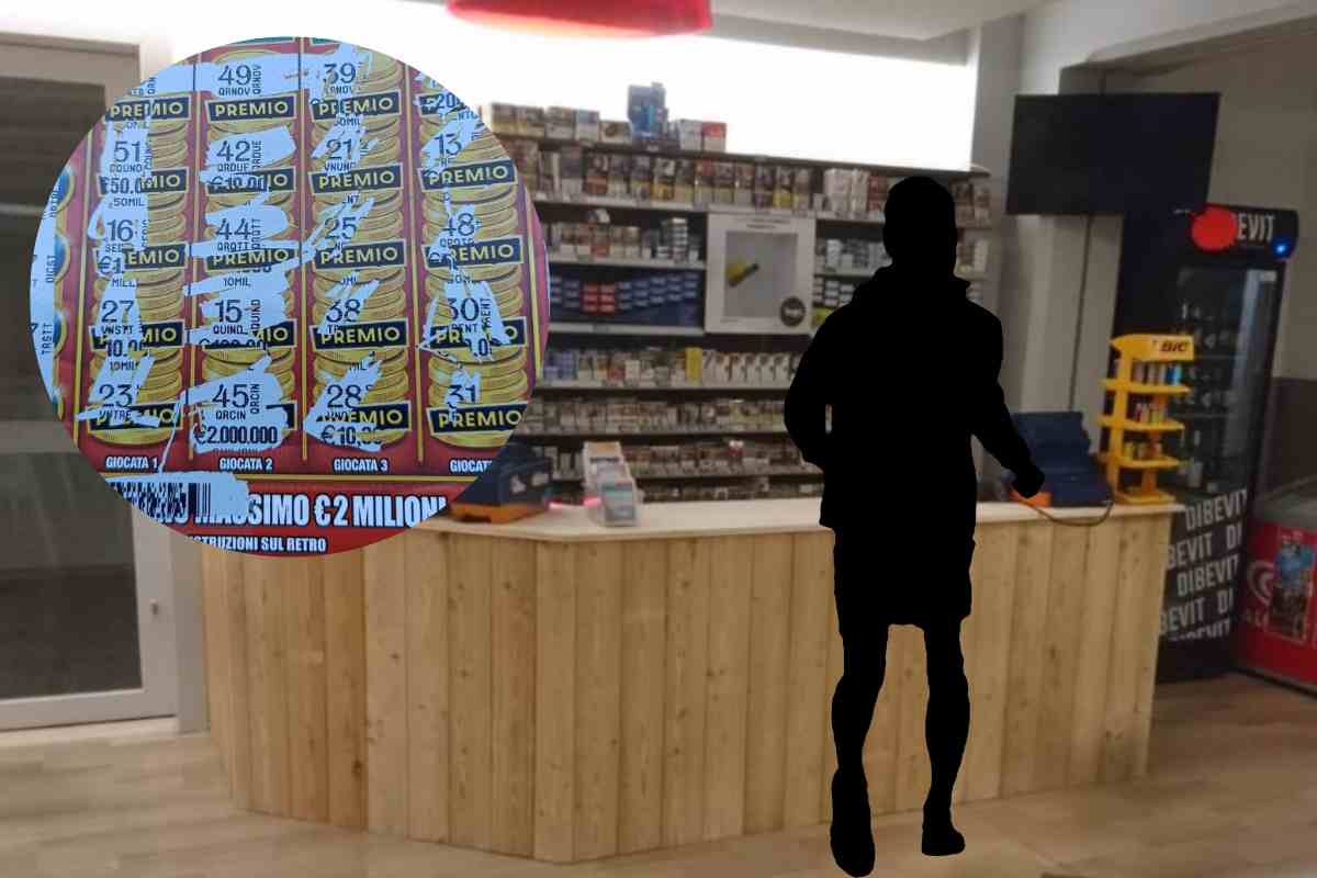 il bancone della ricevitoria, una sagoma e nel tondo il biglietto vincente