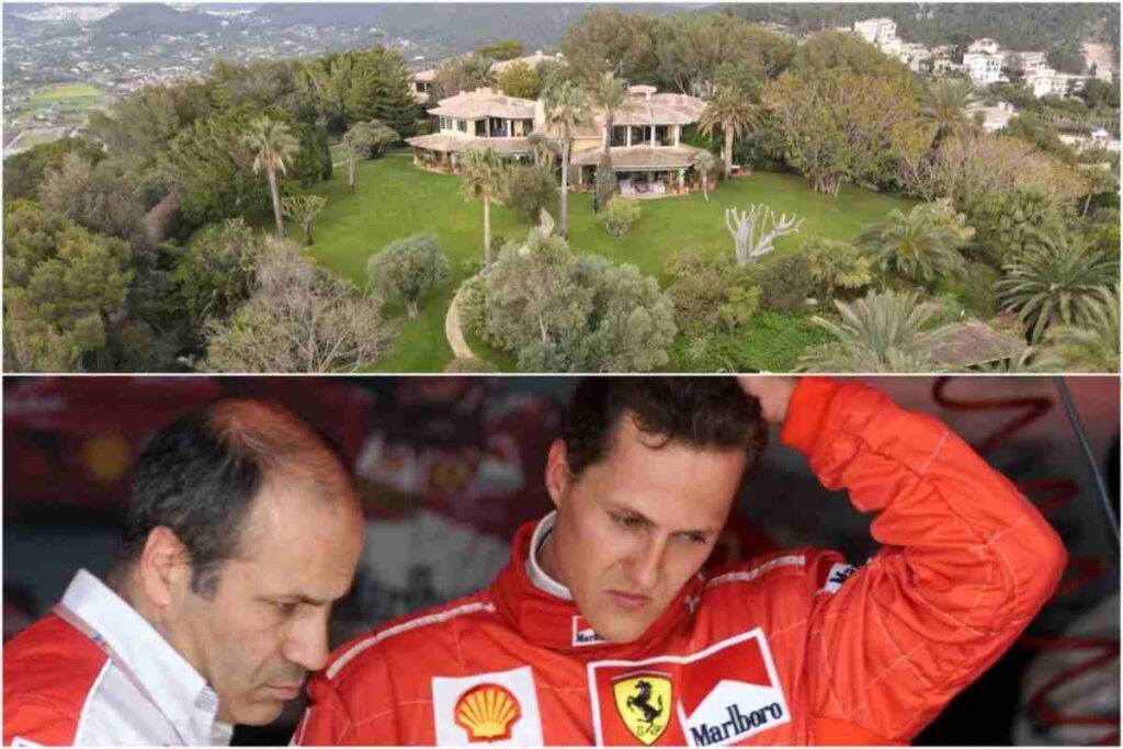 La casa di Michael Schumacher e in basso il campione ai box
